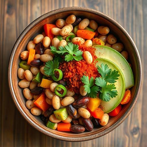 A bowl of Chakalaka, showing the colorful mixture of beans, vegetables, and spices.