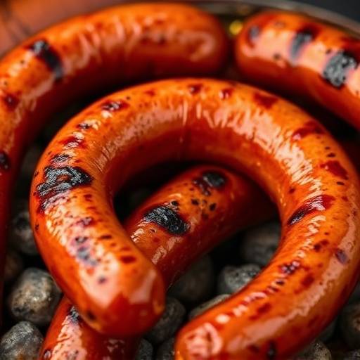 A coiled Boerewors sausage on a braai, sizzling over hot coals.