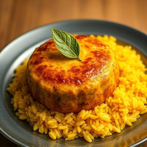A delicious serving of Bobotie, a South African minced meat dish, garnished with bay leaves and served with yellow rice.
