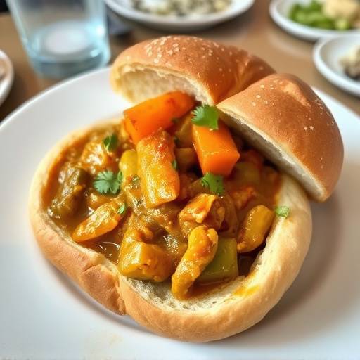 A generous portion of Bunny Chow, a Durban specialty consisting of curry served in a hollowed-out loaf of bread