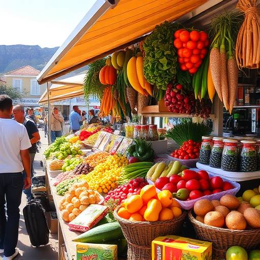 A vibrant marketplace scene in Cape Town, showcasing colorful fruits, vegetables, and spices.