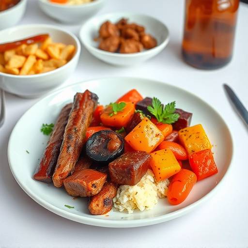 A vibrant spread of traditional South African dishes, including bobotie, biltong, and bunny chow