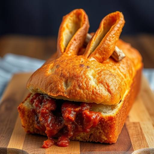 Bunny Chow served in a hollowed-out loaf of bread, filled with a rich, dark curry. The bread is slightly crusty on the outside.