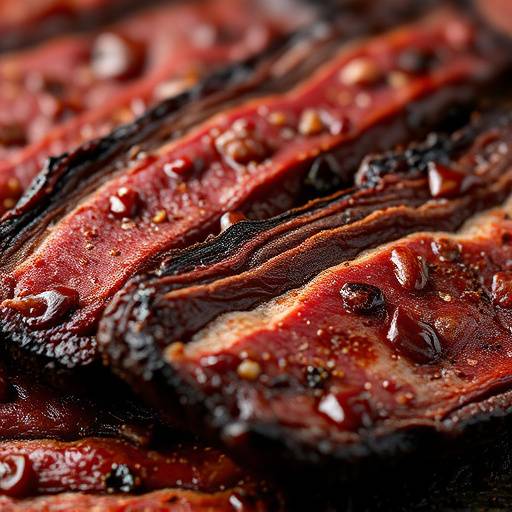 Close-up of Biltong slices, showcasing the texture and spice rub. Some slices are dark and rich, while others are lighter in color.