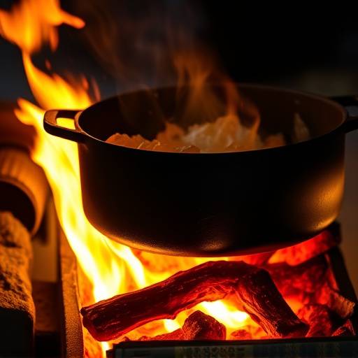 Potjiekos cooking over an open fire, with the cast iron pot surrounded by glowing embers.